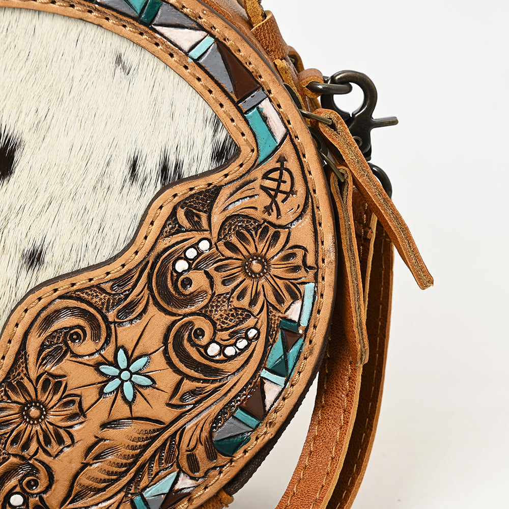 ADBG1458 Round Cowhide & Tooled Leather Bag - Western Crossbody with Turquoise Mosaic Inlay