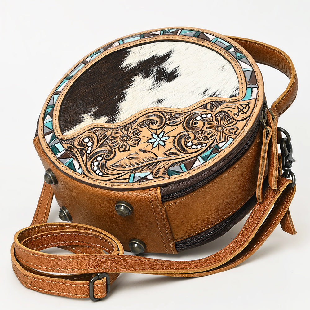 ADBG1458 Round Cowhide & Tooled Leather Bag - Western Crossbody with Turquoise Mosaic Inlay