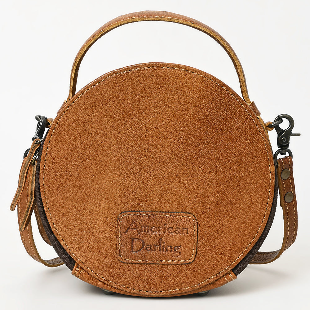 ADBG1458 Round Cowhide & Tooled Leather Bag - Western Crossbody with Turquoise Mosaic Inlay