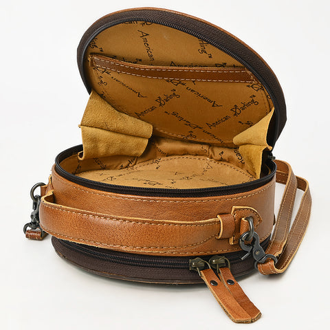 American Darling Western Leather Cowhide Canteen Bag with Hand-Tooled Floral Detailing | Crossbody Purse