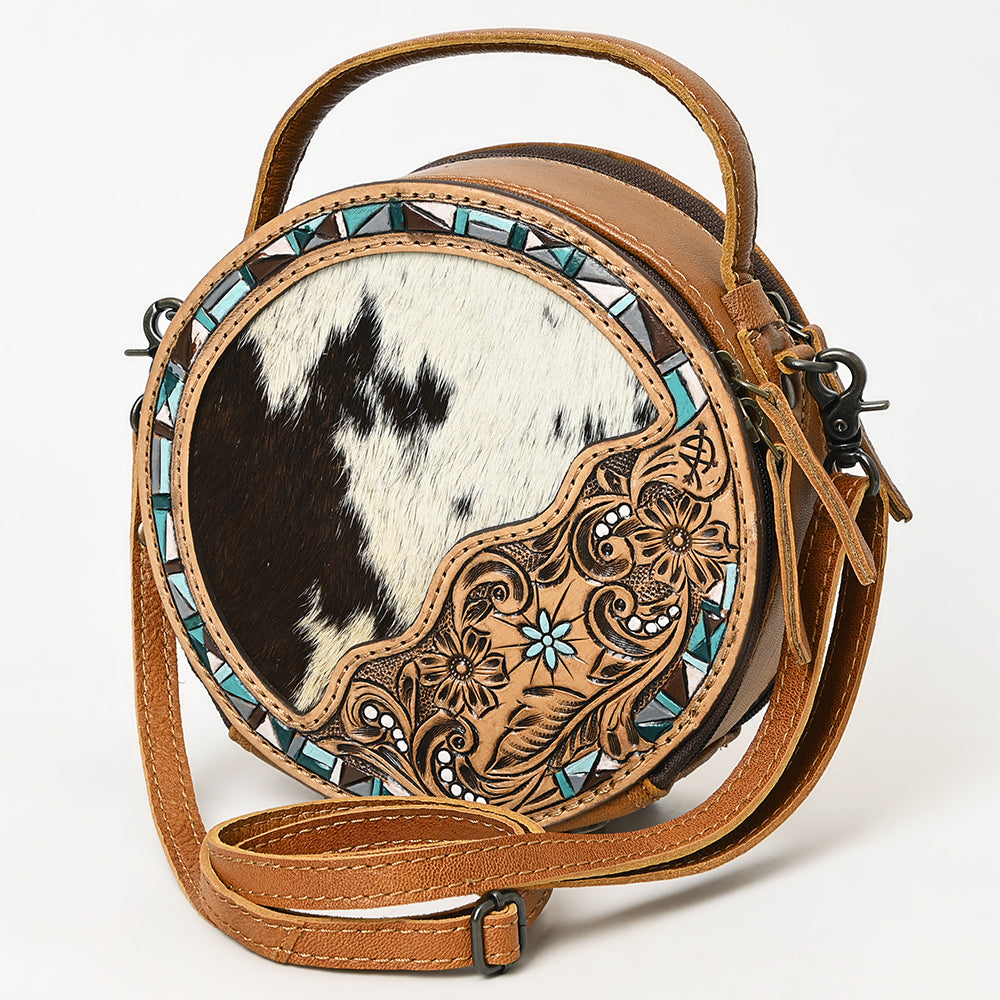ADBG1458 Round Cowhide & Tooled Leather Bag - Western Crossbody with Turquoise Mosaic Inlay