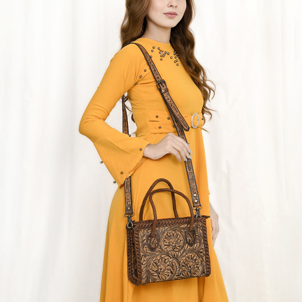 ADBG1459 Hand-Tooled Leather Satchel Handbag with Braided Handle - Vintage Floral