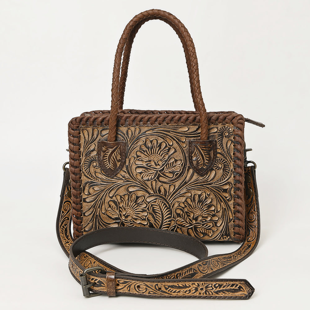 ADBG1459 Hand-Tooled Leather Satchel Handbag with Braided Handle - Vintage Floral