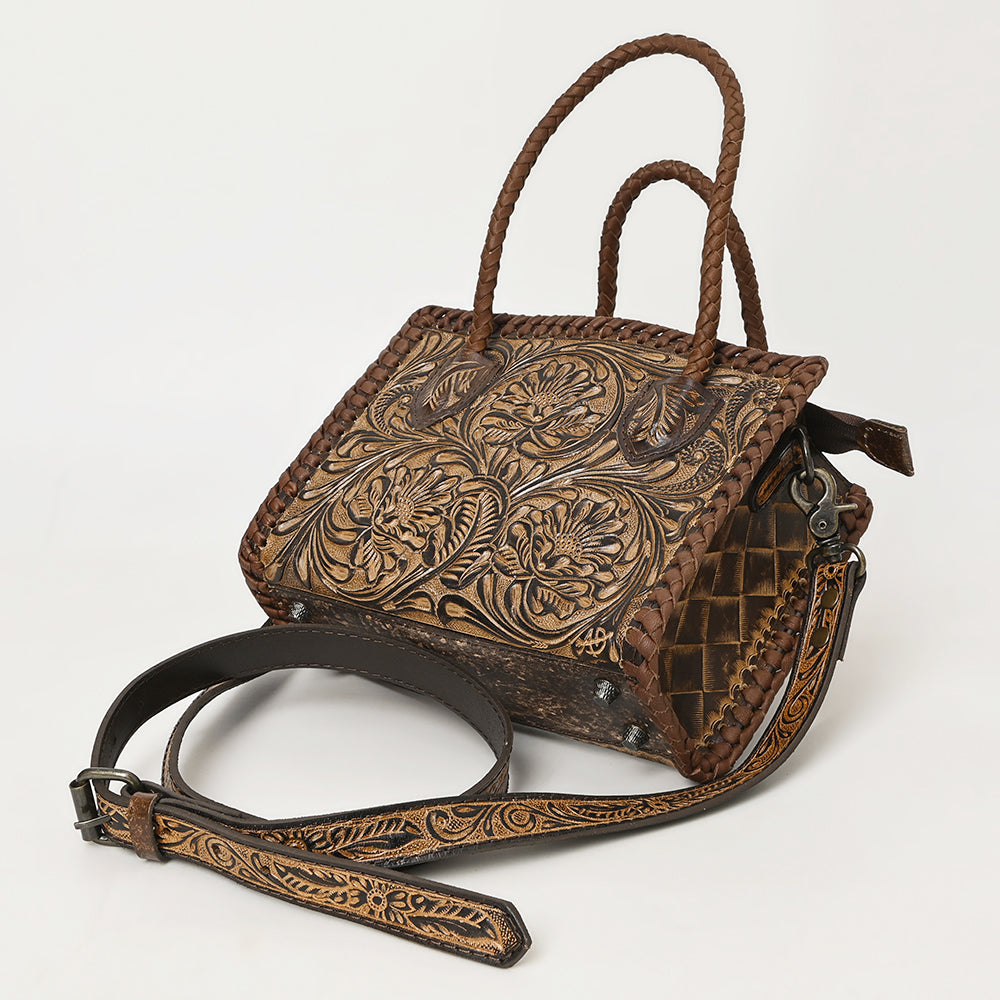 ADBG1459 Hand-Tooled Leather Satchel Handbag with Braided Handle - Vintage Floral