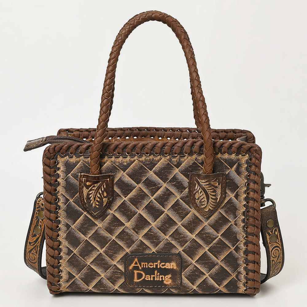 ADBG1459 Hand-Tooled Leather Satchel Handbag with Braided Handle - Vintage Floral