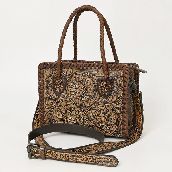 ADBG1459 Hand-Tooled Leather Satchel Handbag with Braided Handle - Vintage Floral