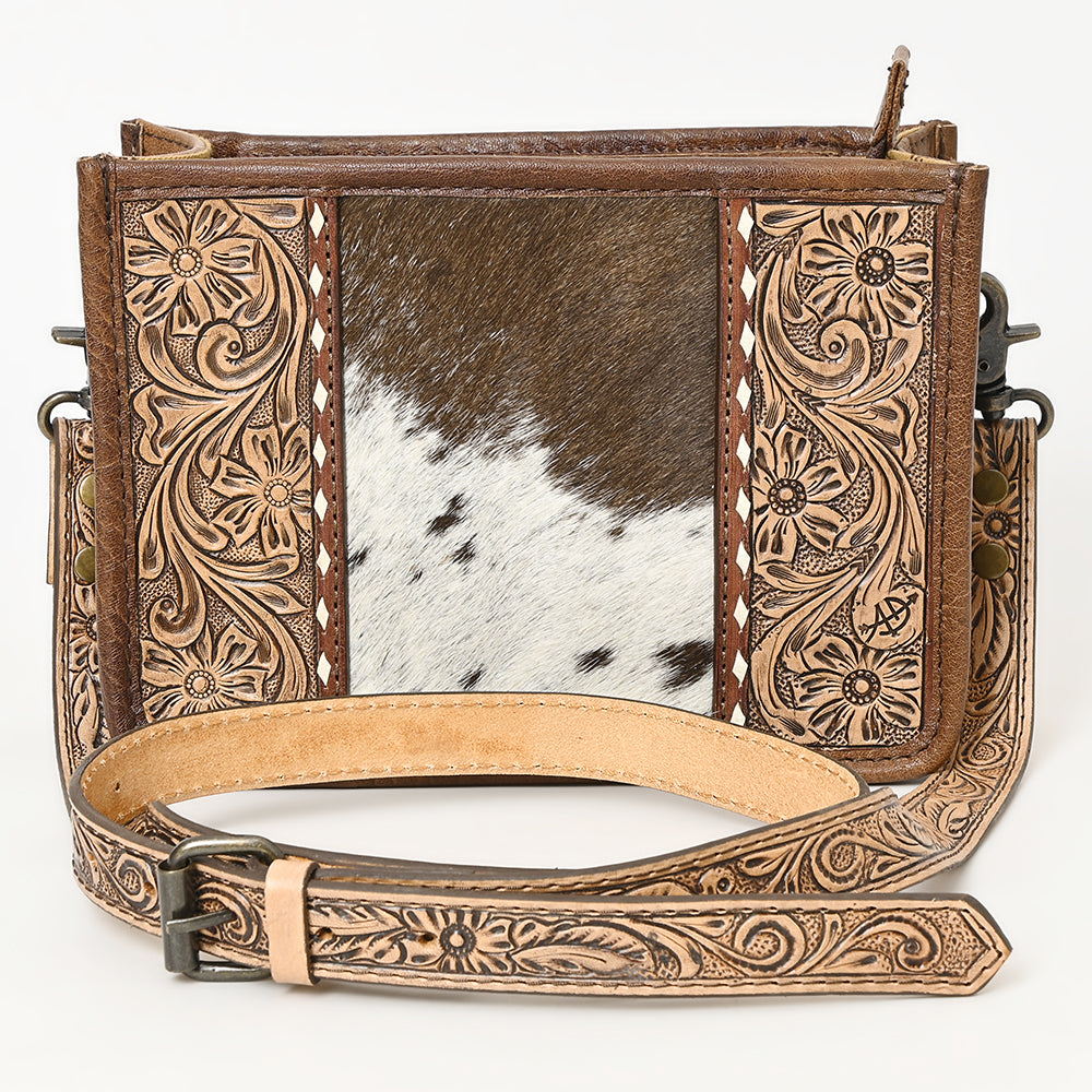 ADBG1460 Hand-Tooled Leather Crossbody Bag with Cowhide Inlay and Floral Strap - Western Heritage Style