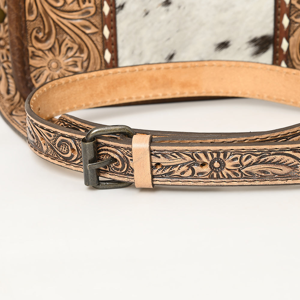 ADBG1460 Hand-Tooled Leather Crossbody Bag with Cowhide Inlay and Floral Strap - Western Heritage Style