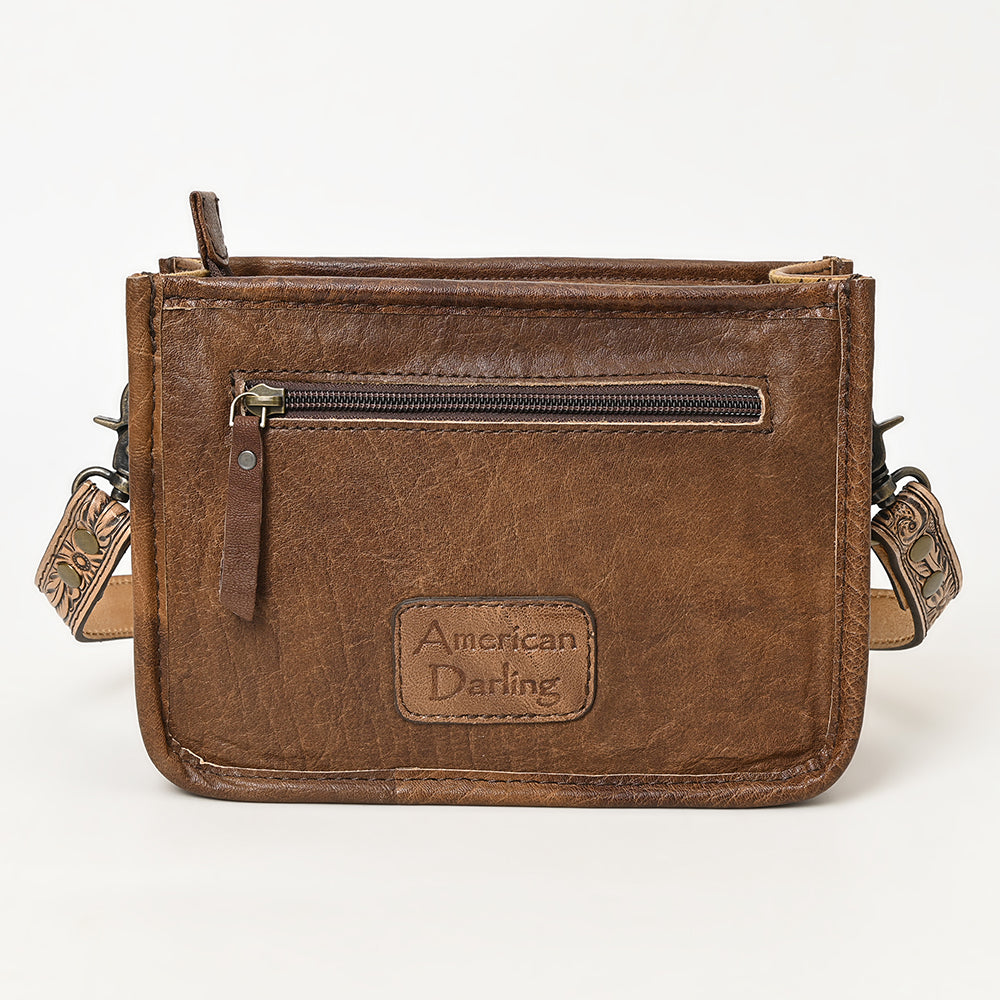 ADBG1460 Hand-Tooled Leather Crossbody Bag with Cowhide Inlay and Floral Strap - Western Heritage Style