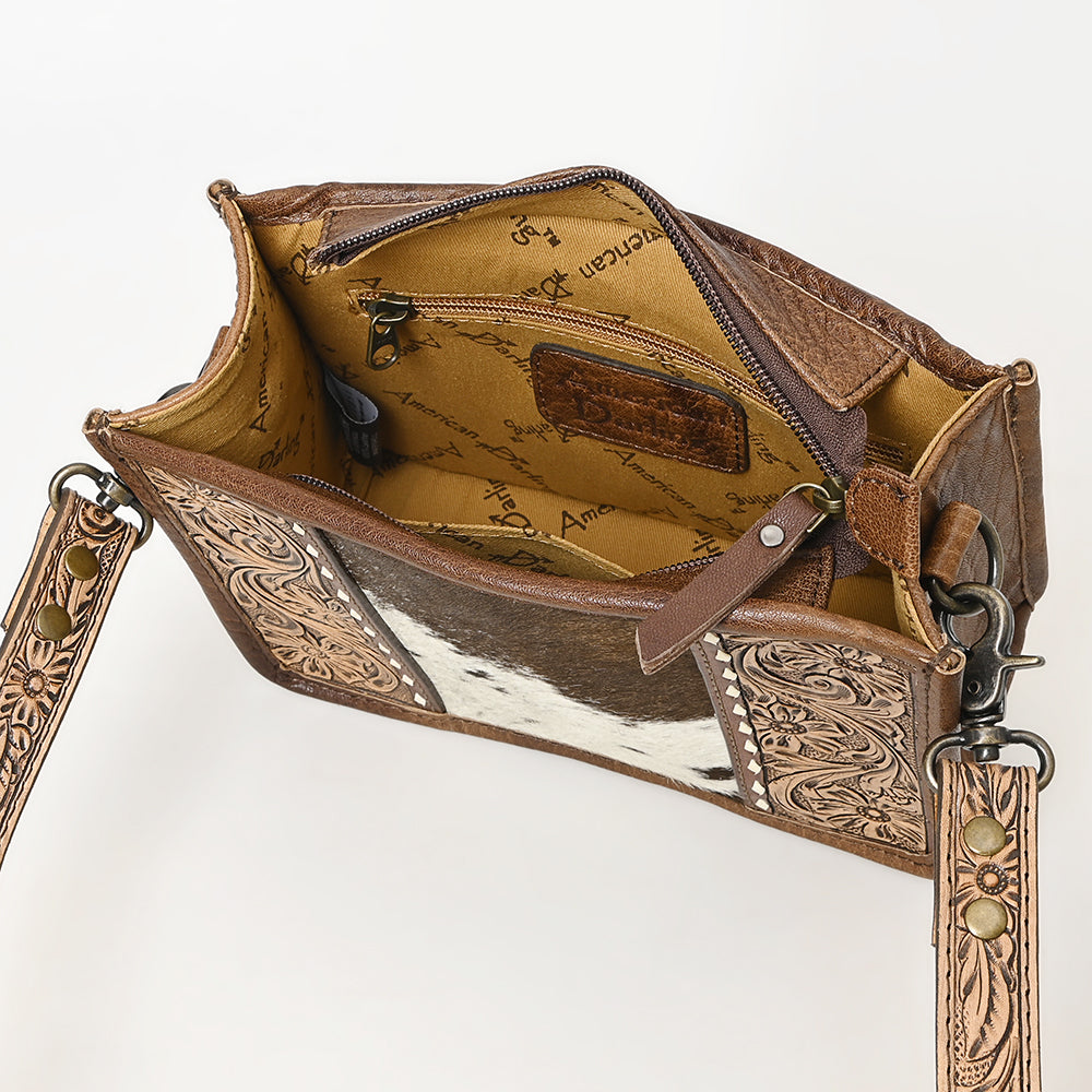 ADBG1460 Hand-Tooled Leather Crossbody Bag with Cowhide Inlay and Floral Strap - Western Heritage Style