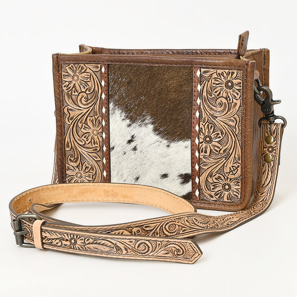 ADBG1460 Hand-Tooled Leather Crossbody Bag with Cowhide Inlay and Floral Strap - Western Heritage Style