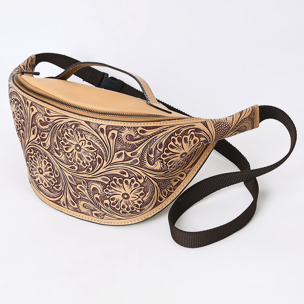 ADBGZ829 Hand-Tooled Leather Western Belt Bag - Floral Fanny Pack with Adjustable Strap