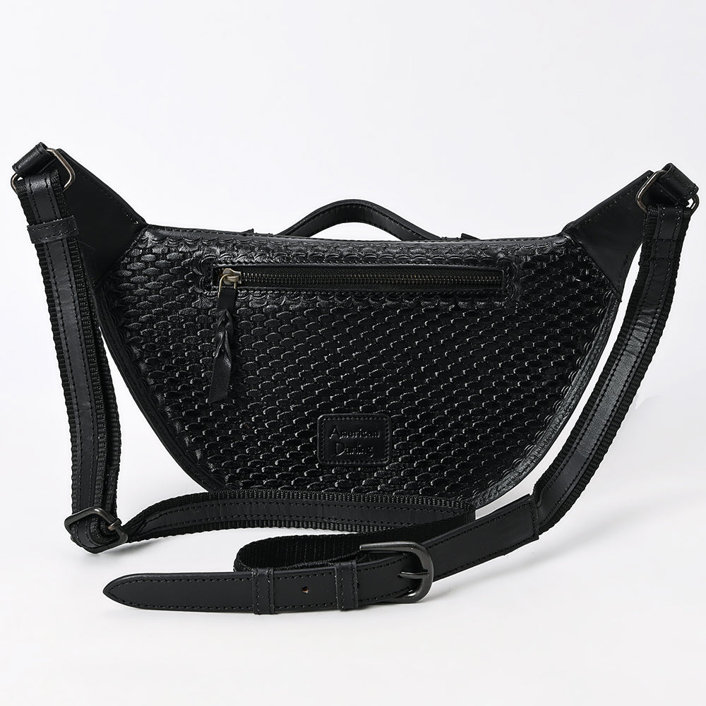 ADBGZ829B Black Hand-Tooled Leather Western Belt Bag Floral Fanny Pack with Basketweave Top