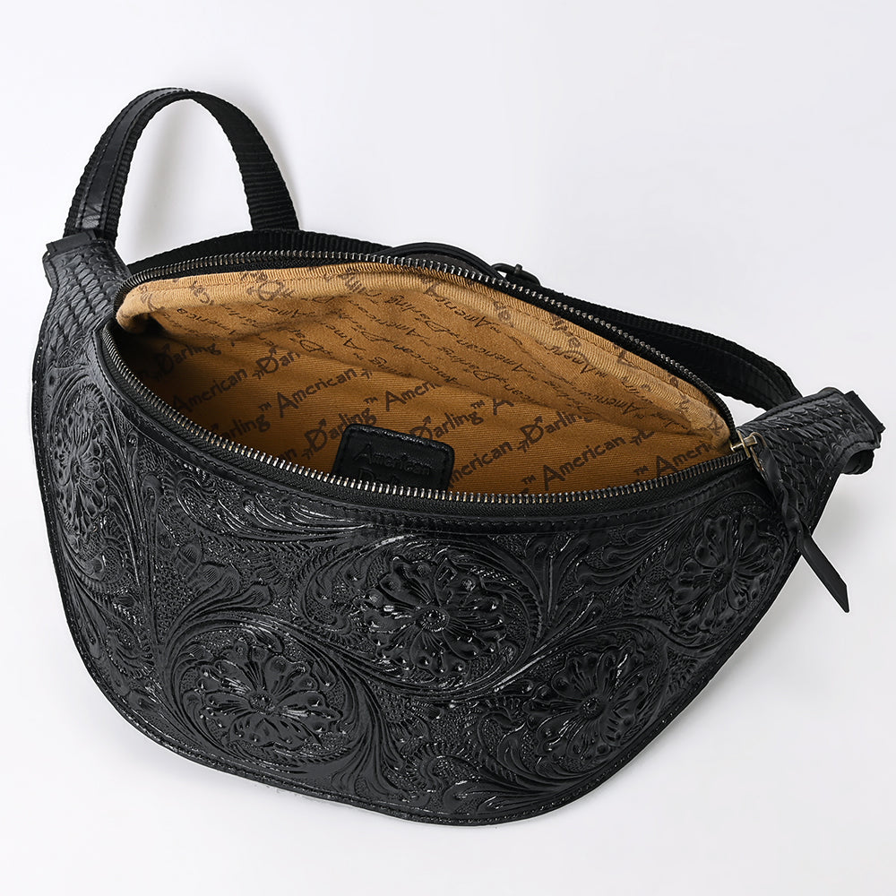 ADBGZ829B Black Hand-Tooled Leather Western Belt Bag Floral Fanny Pack with Basketweave Top