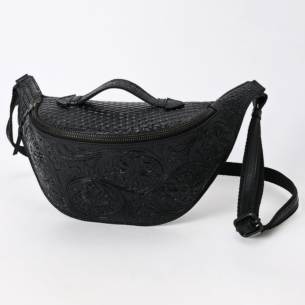 ADBGZ829B Black Hand-Tooled Leather Western Belt Bag Floral Fanny Pack with Basketweave Top