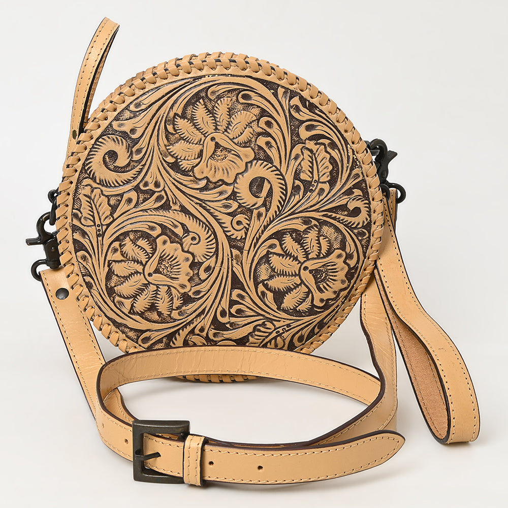 ADBGZ830 Round Hand-Tooled Leather Canteen Bag - Western Floral Circle Purse