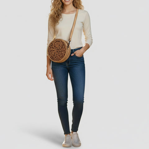 ADBGZ830 Round Hand-Tooled Leather Canteen Bag - Western Floral Circle Purse