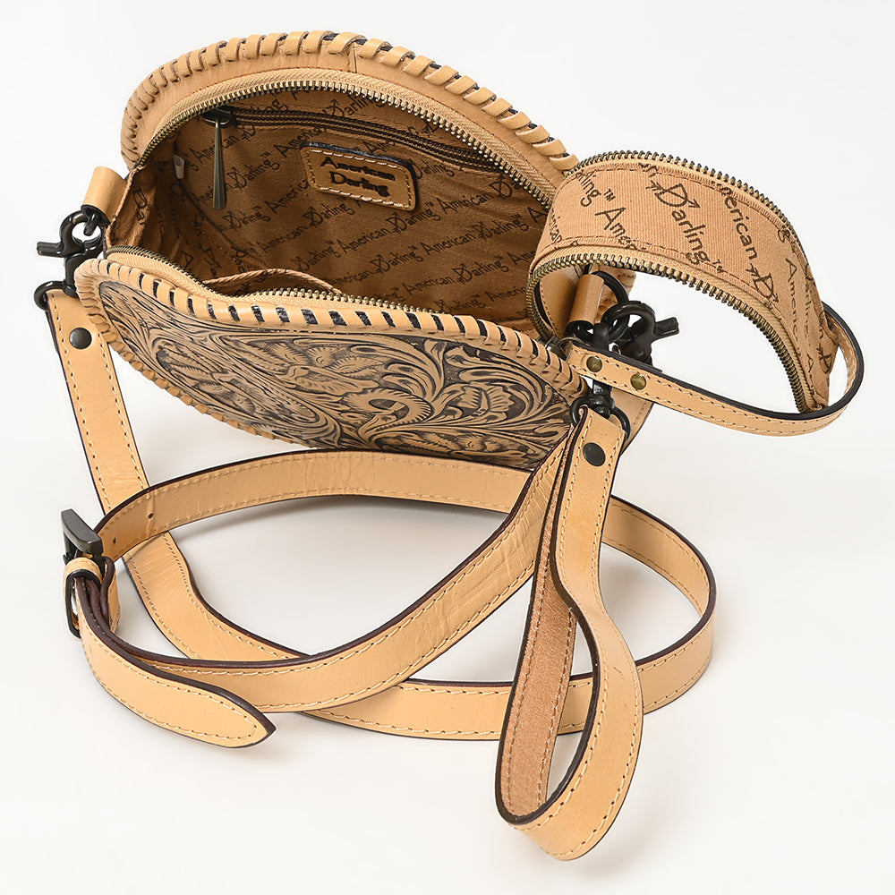 ADBGZ830 Round Hand-Tooled Leather Canteen Bag - Western Floral Circle Purse