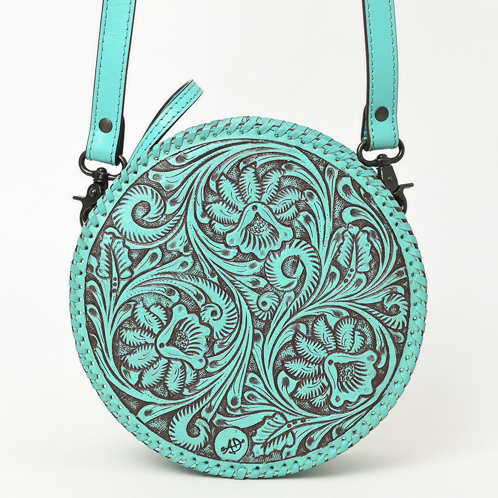 ADBGZ830 Round Hand-Tooled Leather Canteen Bag - Western Floral Circle Purse