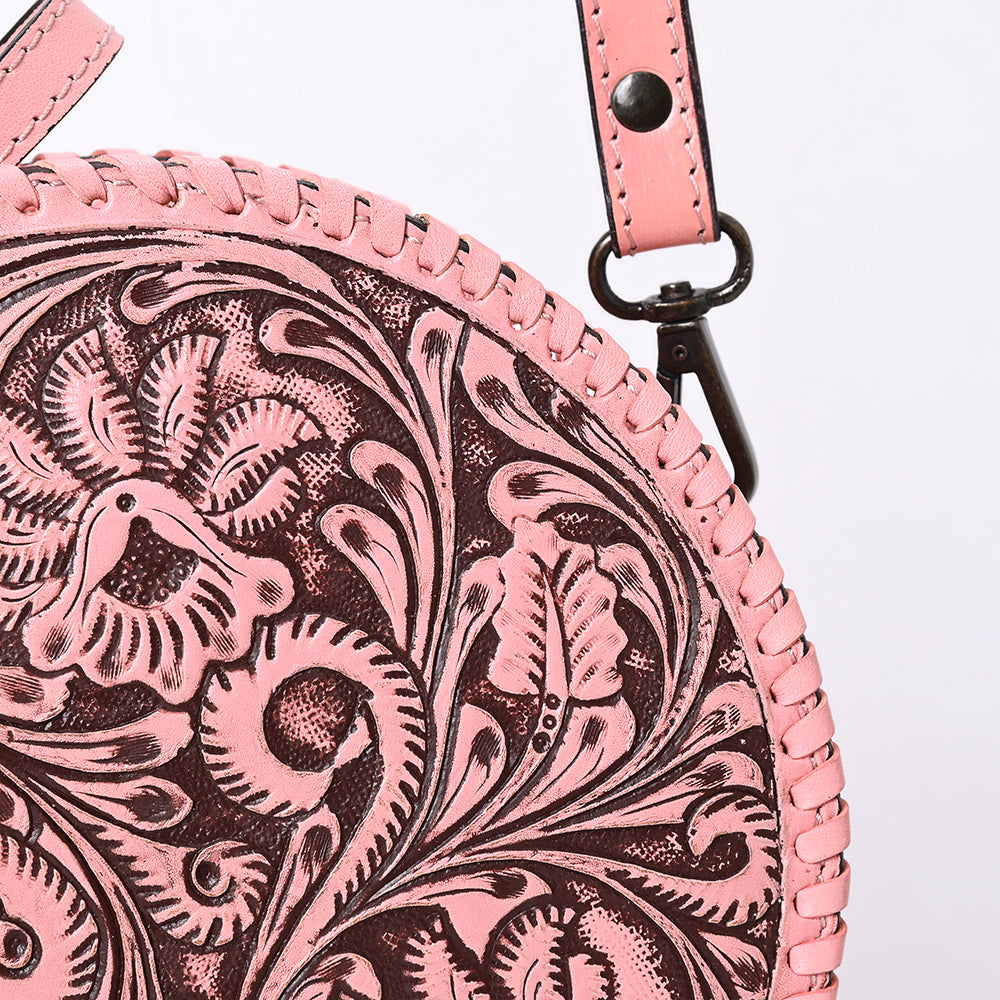 ADBGZ830C Pink Round Hand-Tooled Leather Canteen Bag Western Floral Circle Purse