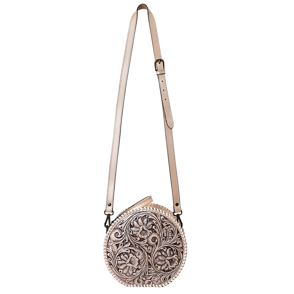 ADBGZ830 Round Hand-Tooled Leather Canteen Bag - Western Floral Circle Purse
