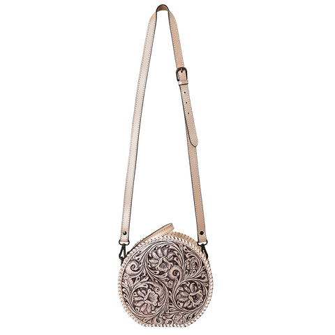 ADBGZ830 Round Hand-Tooled Leather Canteen Bag - Western Floral Circle Purse