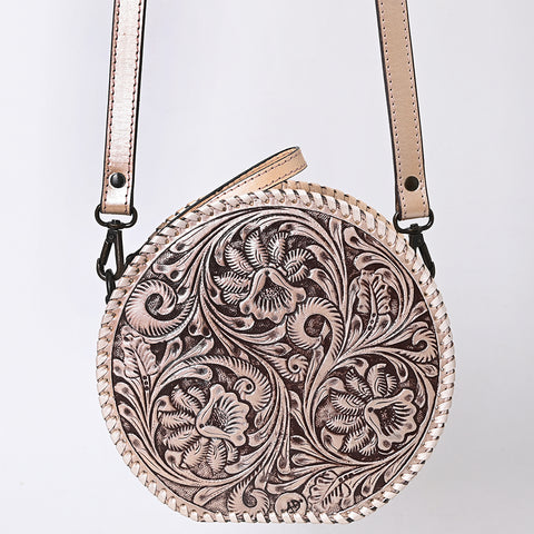 ADBGZ830 Round Hand-Tooled Leather Canteen Bag - Western Floral Circle Purse