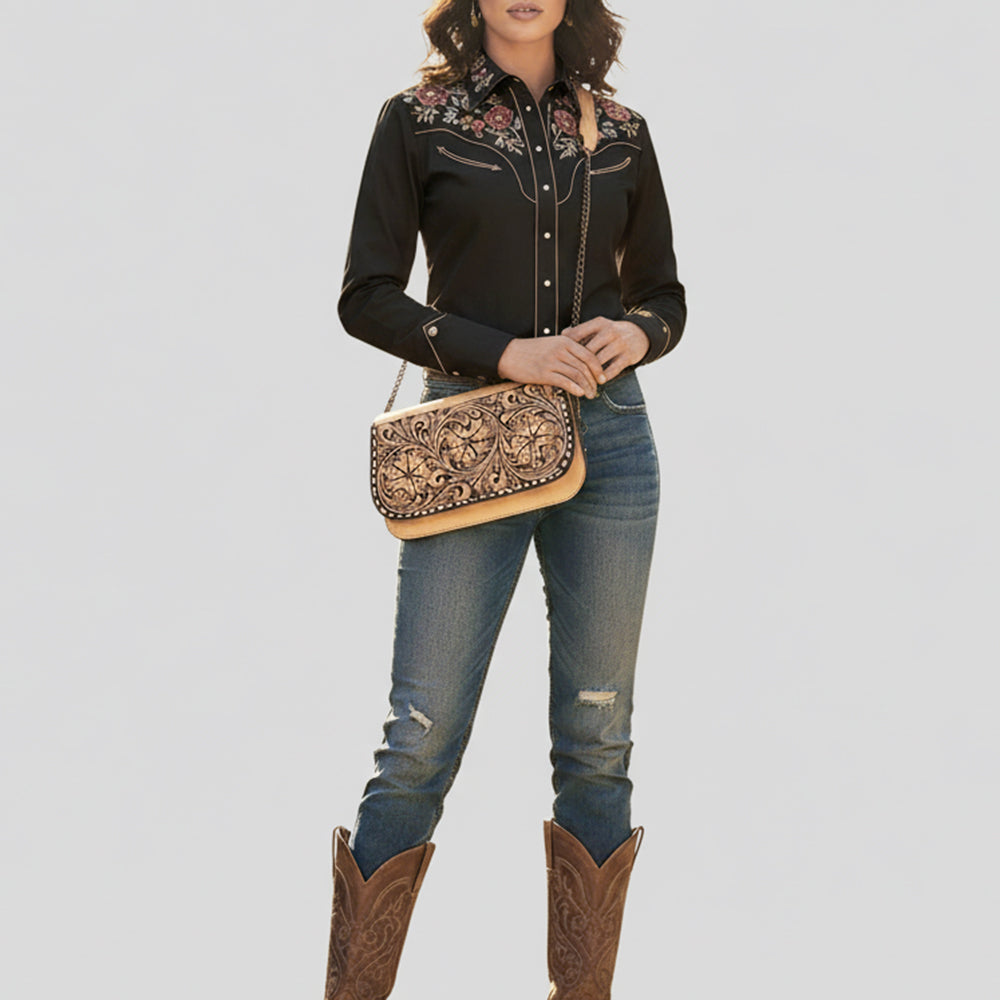 ADBGZ831 Hand-Tooled Leather Western Crossbody Bag Floral Chain Shoulder Purse