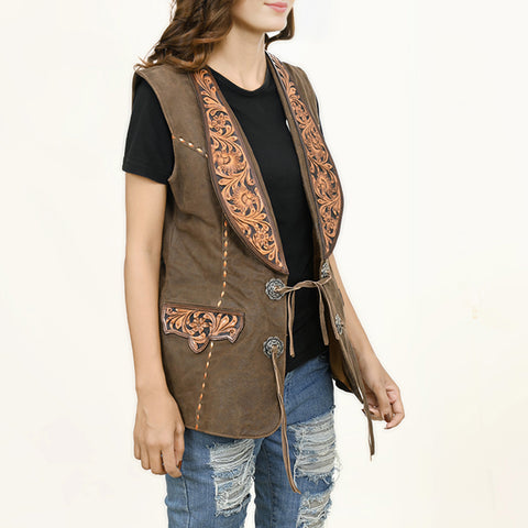 American Darling Vintage Leather Waistcoat with Hand-Tooled Leather Art