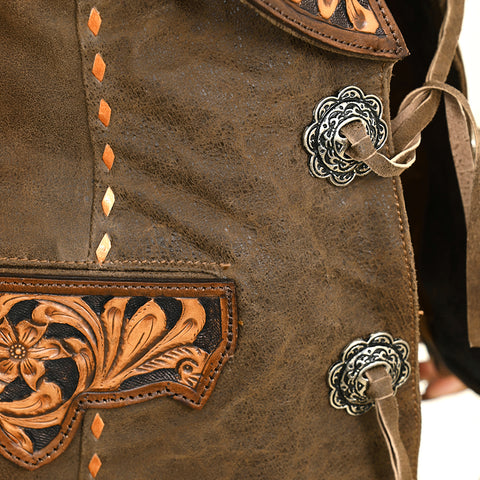 American Darling Vintage Leather Waistcoat with Hand-Tooled Leather Art