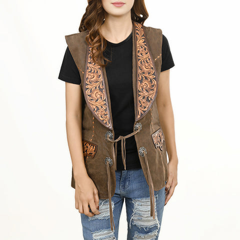 American Darling Vintage Leather Waistcoat with Hand-Tooled Leather Art