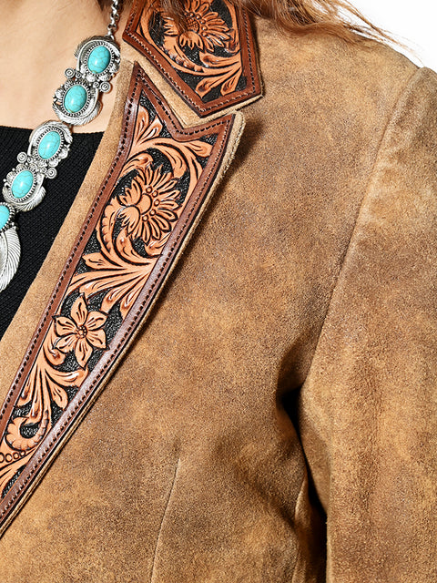 American Darling Brown Leather Western Blazer Tooled Harness Lapels