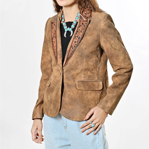 American Darling Brown Leather Western Blazer Tooled Harness Lapels