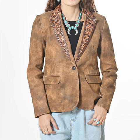 American Darling Brown Leather Western Blazer Tooled Harness Lapels