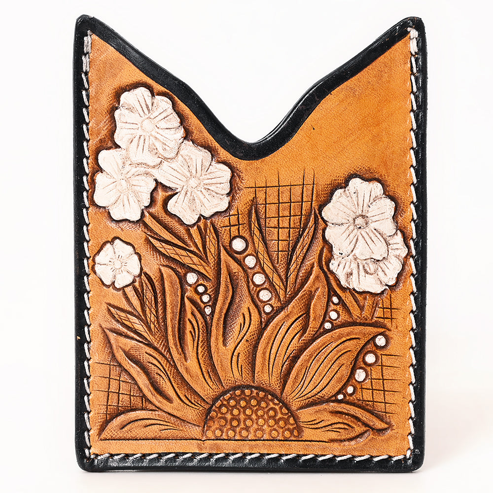 ADCCF109 Hand-Tooled Leather Card Holder - Sunflower & White Floral Detail