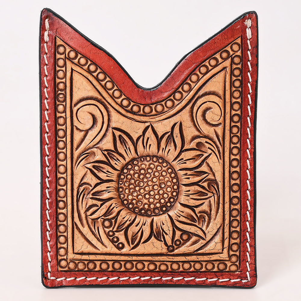 ADCCF110 Hand-Tooled Leather Card Holder - Sunflower with Red Border