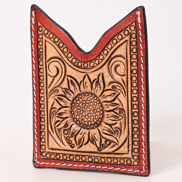 ADCCF110 Hand-Tooled Leather Card Holder - Sunflower with Red Border