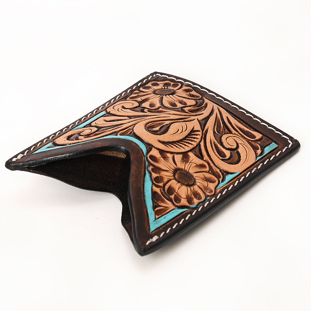 ADCCF111 Hand-Tooled Leather Card Holder - Floral Scroll with Turquoise Accents