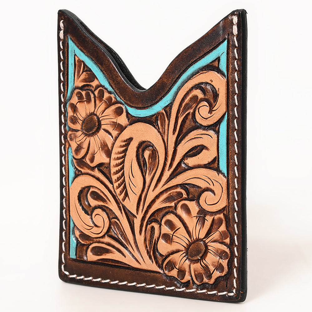 ADCCF111 Hand-Tooled Leather Card Holder - Floral Scroll with Turquoise Accents