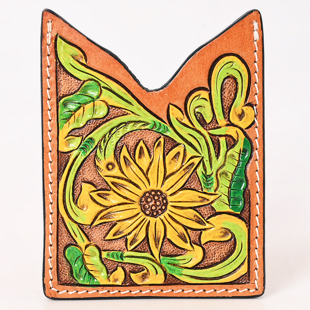 ADCCF112 Sunflower Hand-Tooled Leather Card Holder - Western Boot-Top Design