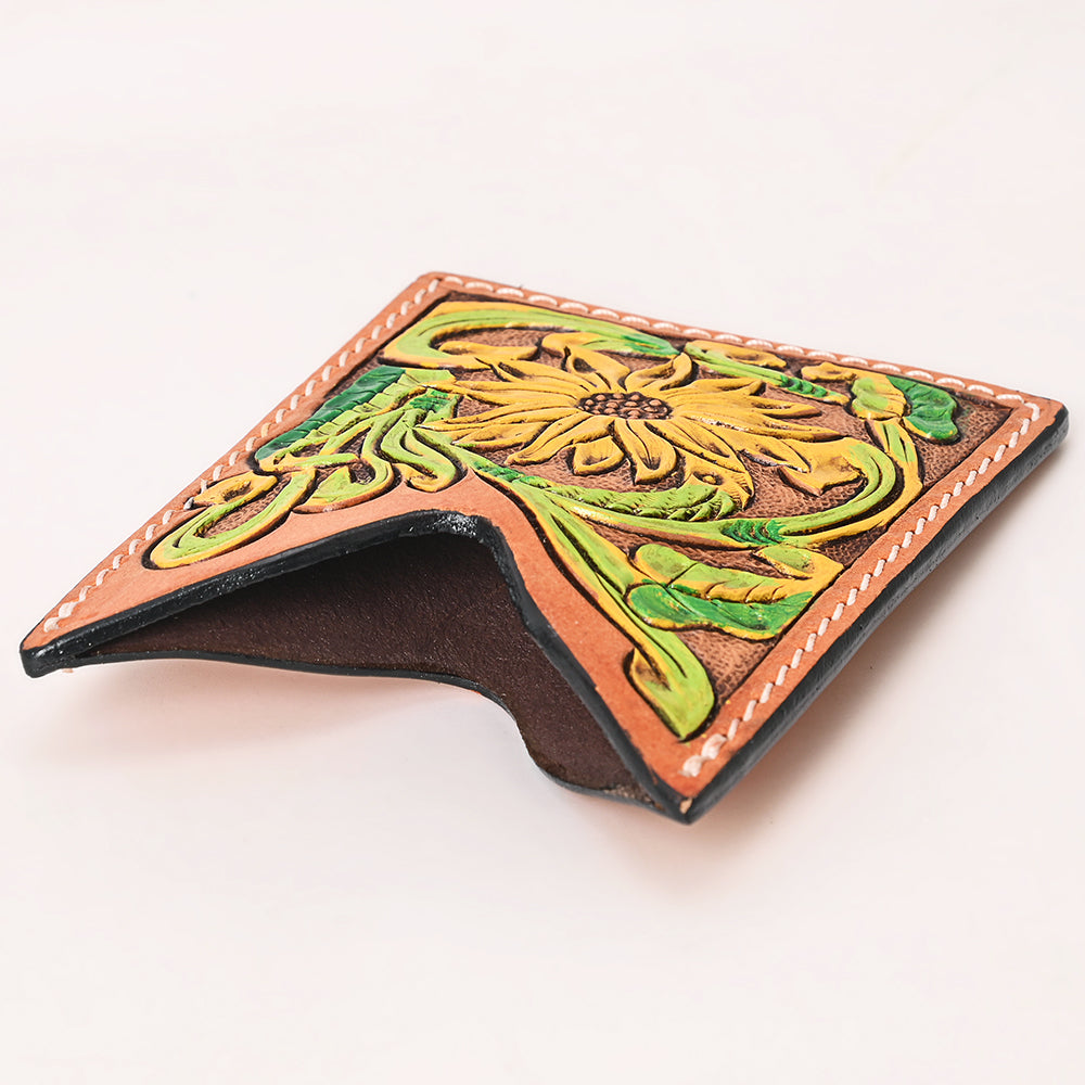 ADCCF112 Sunflower Hand-Tooled Leather Card Holder - Western Boot-Top Design
