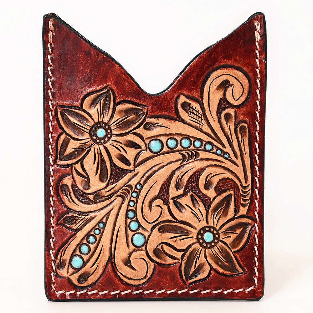 ADCCF114 Turquoise Studded Floral Leather Card Holder - Hand-Tooled Western Boot-Top Design