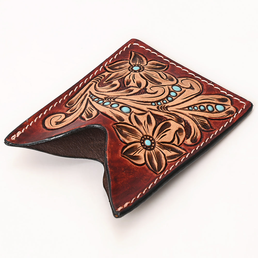 ADCCF114 Turquoise Studded Floral Leather Card Holder - Hand-Tooled Western Boot-Top Design