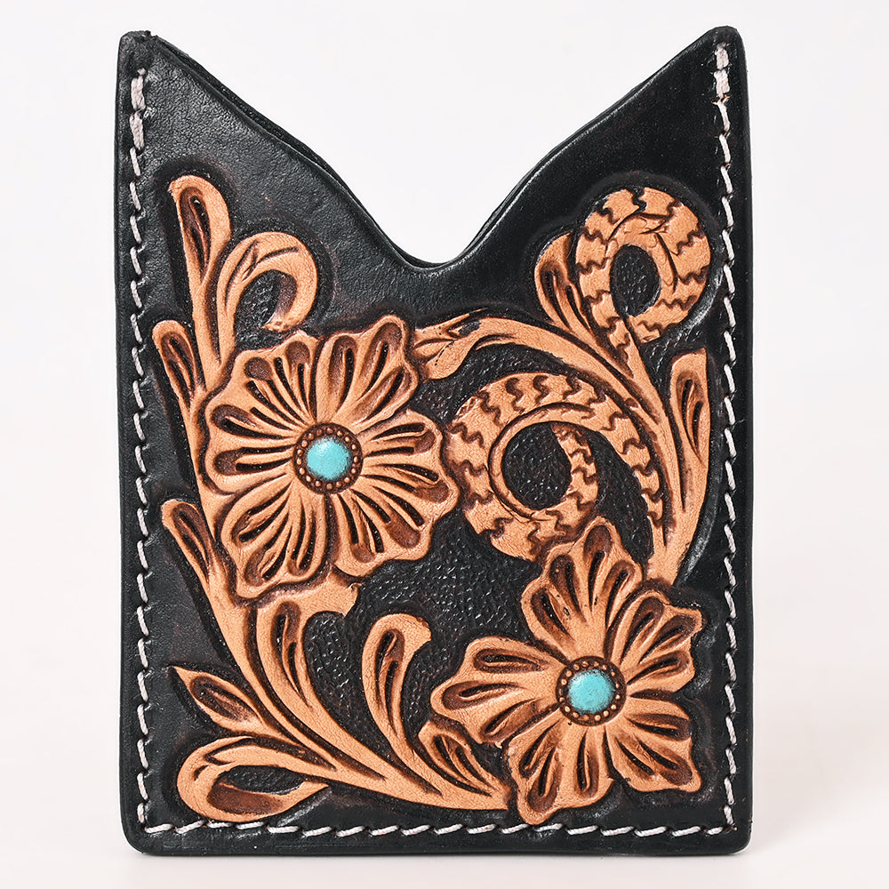 ADCCF115 Black Leather Western Card Holder - Hand-Tooled Floral Design with Turquoise Accents