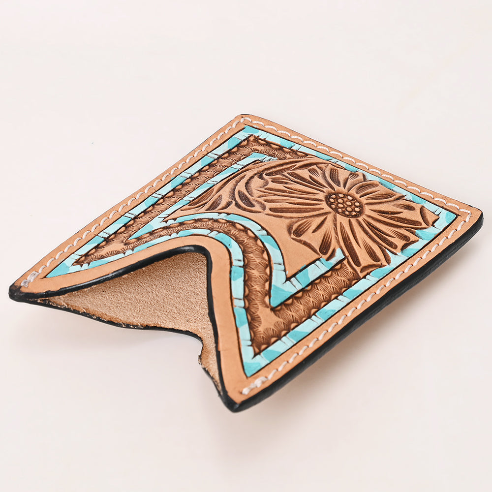 ADCCF116 Turquoise Border Hand-Tooled Leather Card Holder - Geometric & Floral Western Boot-Top Design