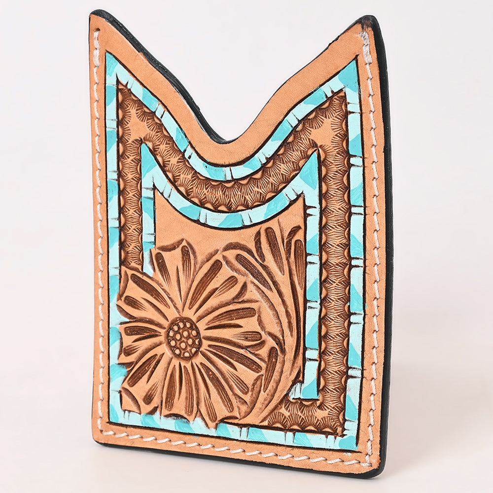 ADCCF116 Turquoise Border Hand-Tooled Leather Card Holder - Geometric & Floral Western Boot-Top Design
