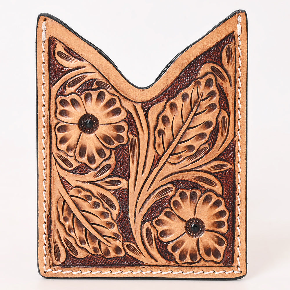 ADCCF118 Natural Hand-Tooled Leather Card Holder - Floral & Leaf Western Boot-Top Design