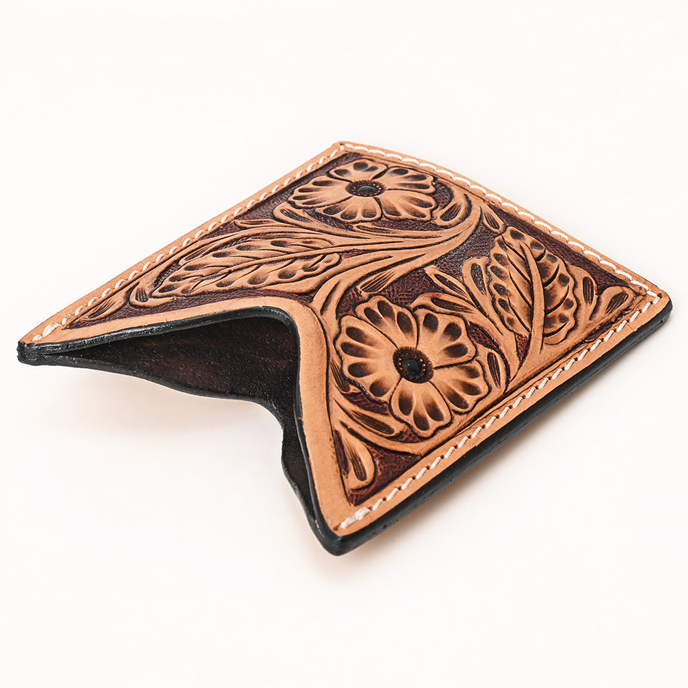 ADCCF118 Natural Hand-Tooled Leather Card Holder - Floral & Leaf Western Boot-Top Design