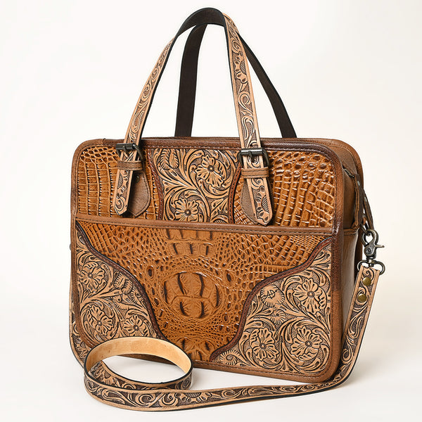 ADBG1183 Western Hand-Tooled Leather Tote Bag - Croc-Embossed & Floral Inlay by American Darling
