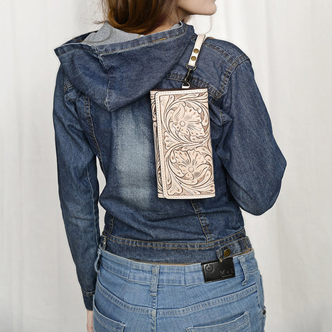 American Darling Hand Tooled Floral Leather Clutch & Crossbody Wallet